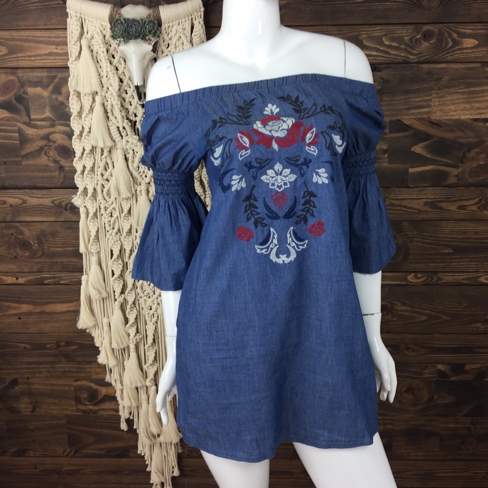 Blue Rain | Off Shoulder Denim Dress‎ Boho Floral Design